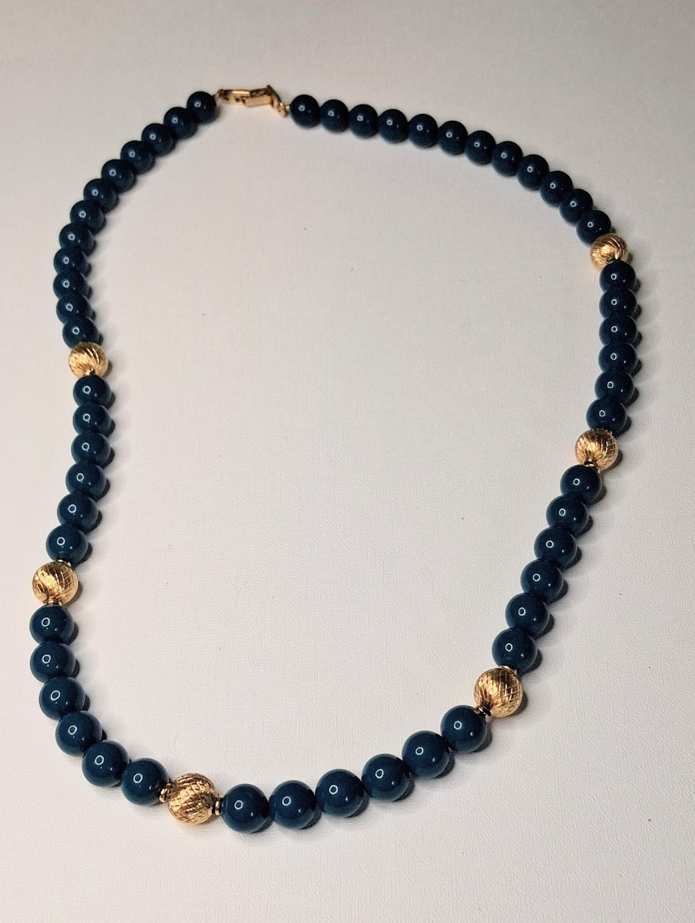 Vintage Napier Navy Blue Bead Necklace Gold Tone Textured Accent Beads 24"